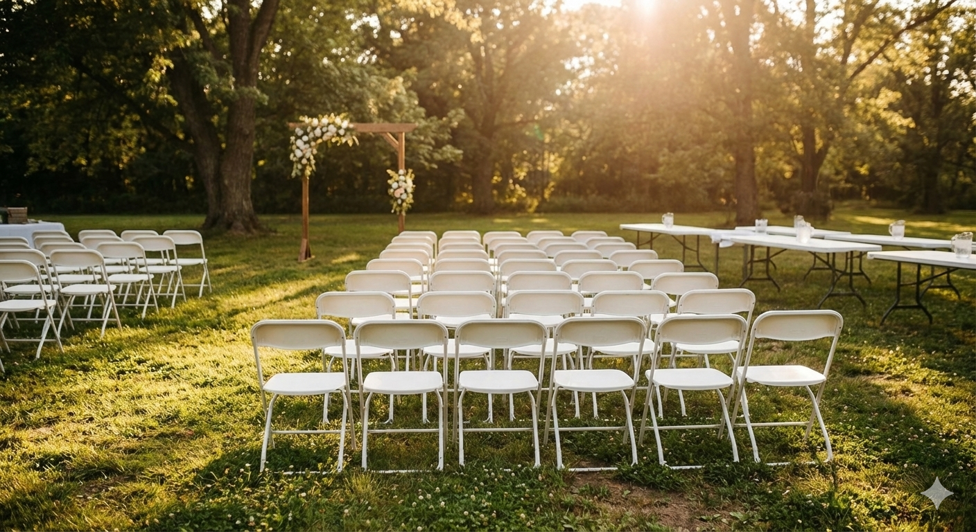 White folding chairs arranged for a garden ceremony
